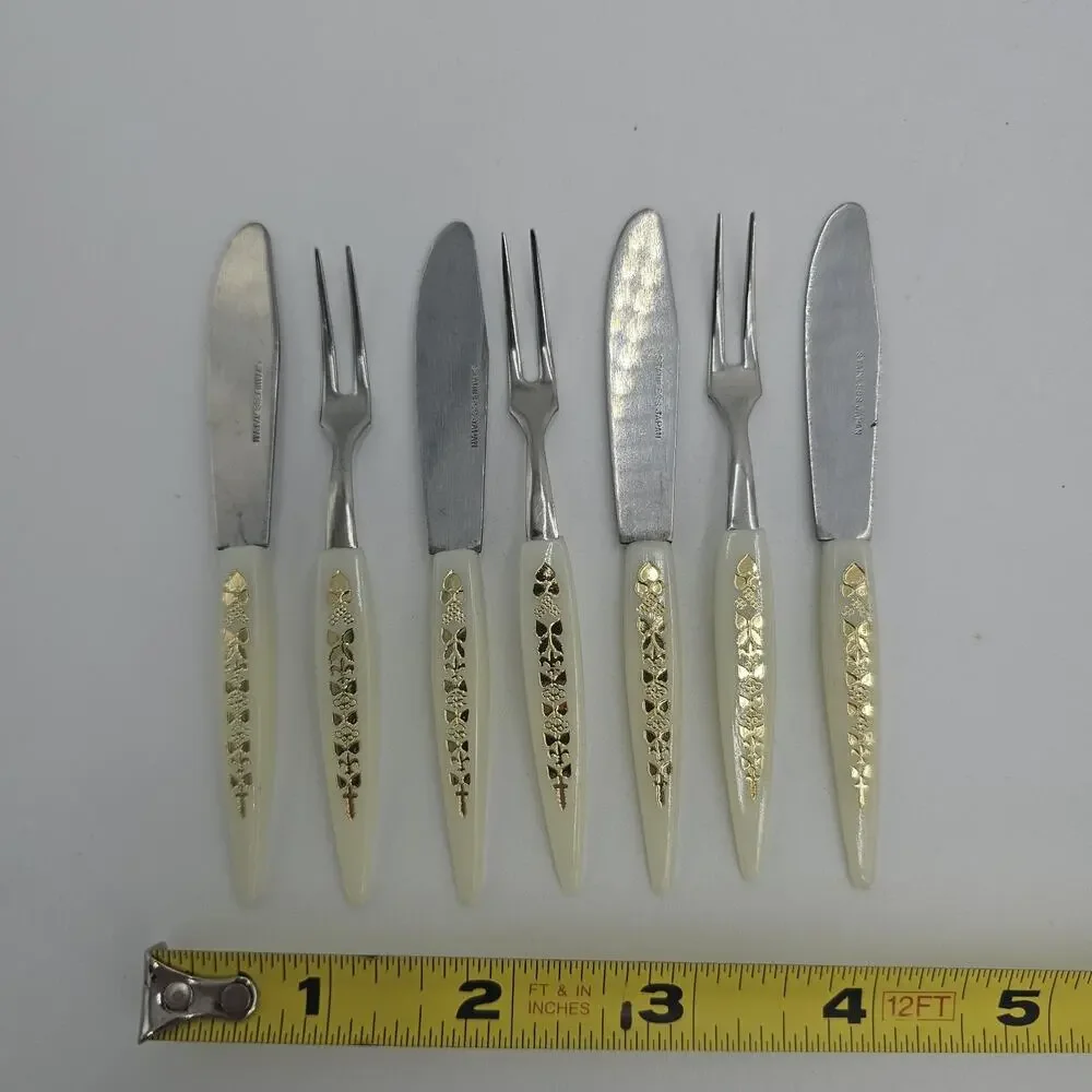 Vtg MCM 1950s Cocktail Fork Knive Utensils Set Dessert Fruit Cheese Japan
